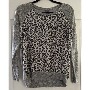 Women’s KUT Gray Long Sleeve Leopard Mixed Media Pullover Rayon Blouse SZ M